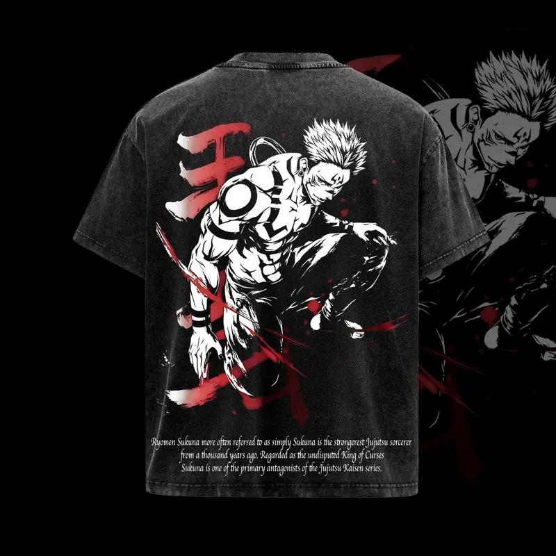 Jujutsu Kaisen Anime T-shirt Ryomen Sukuna Washed T Shirt Men Women Clothing Oversized Short Sleeve Casual Cotton Tees Tops