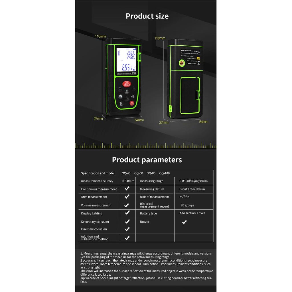 Laser Distance Meter 40M 60M 80M 100M  No Battery Rangefinder  Tape Range Finder Build Measure Device Ruler Test Tool
