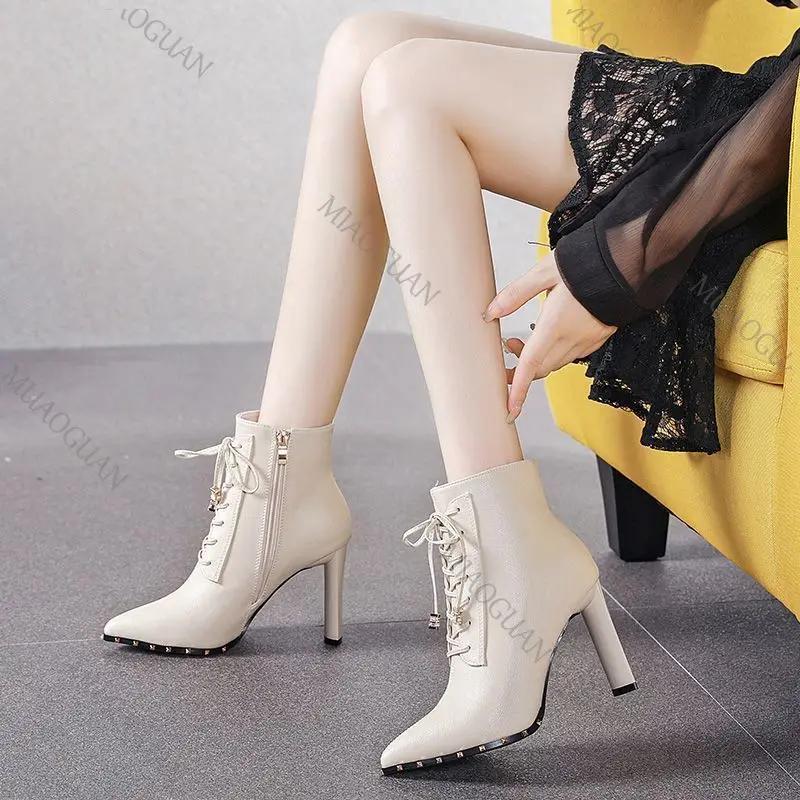 Rivet Black High-heeled Short Boots Women Spring Autumn Shoes Lace-up Pointed Toe Fashion Ankle Boots Side Zip Thick Heels Women