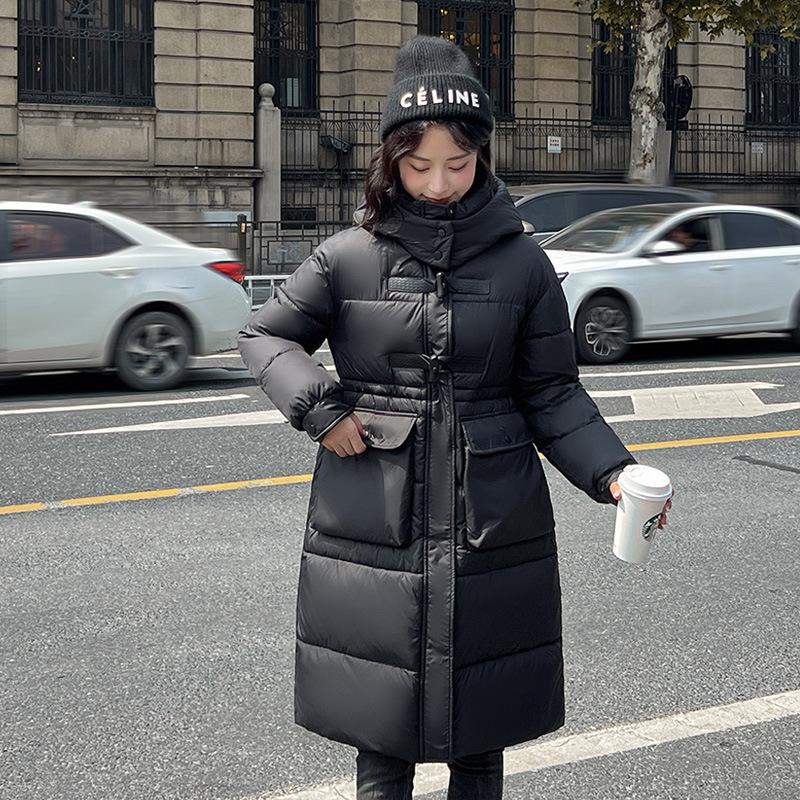 Large size hooded waist cotton-padded clothes for women's medium and long slim-fit warm down cotton clothes horn buckle jacket