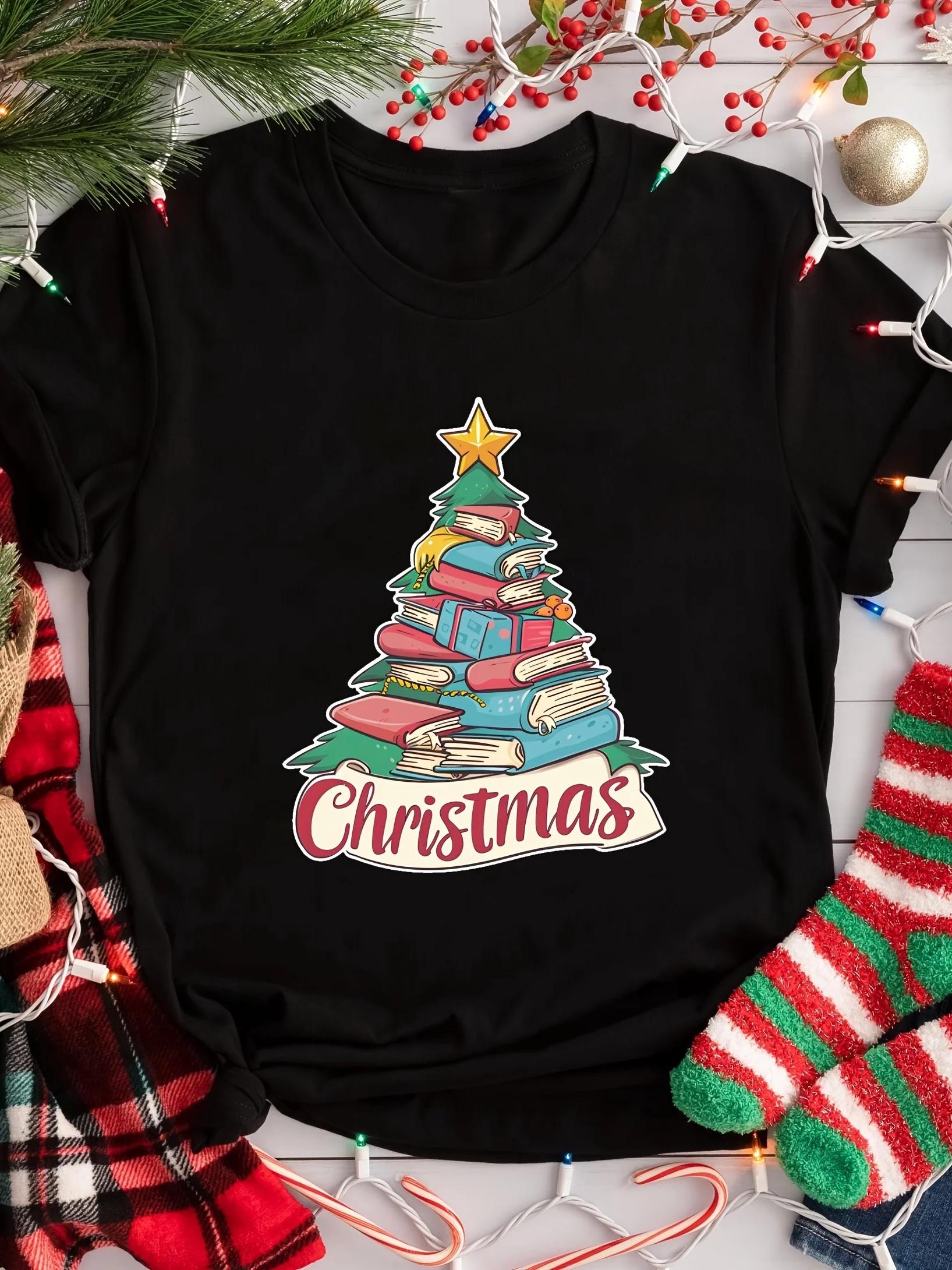 Womens Christmas Tree Tshirt  Holiday Gift Print  Casual Round Neck Tshirt  Seasonal Christmas  Versatile for Daily Use S