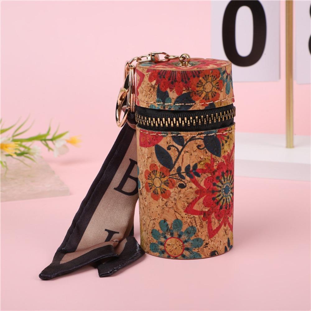Portable PU Mini Lipstick Bag Wood Grain Cartoon Printed Bag Pendant Cylindrical Headphone Bag Bag Accessories