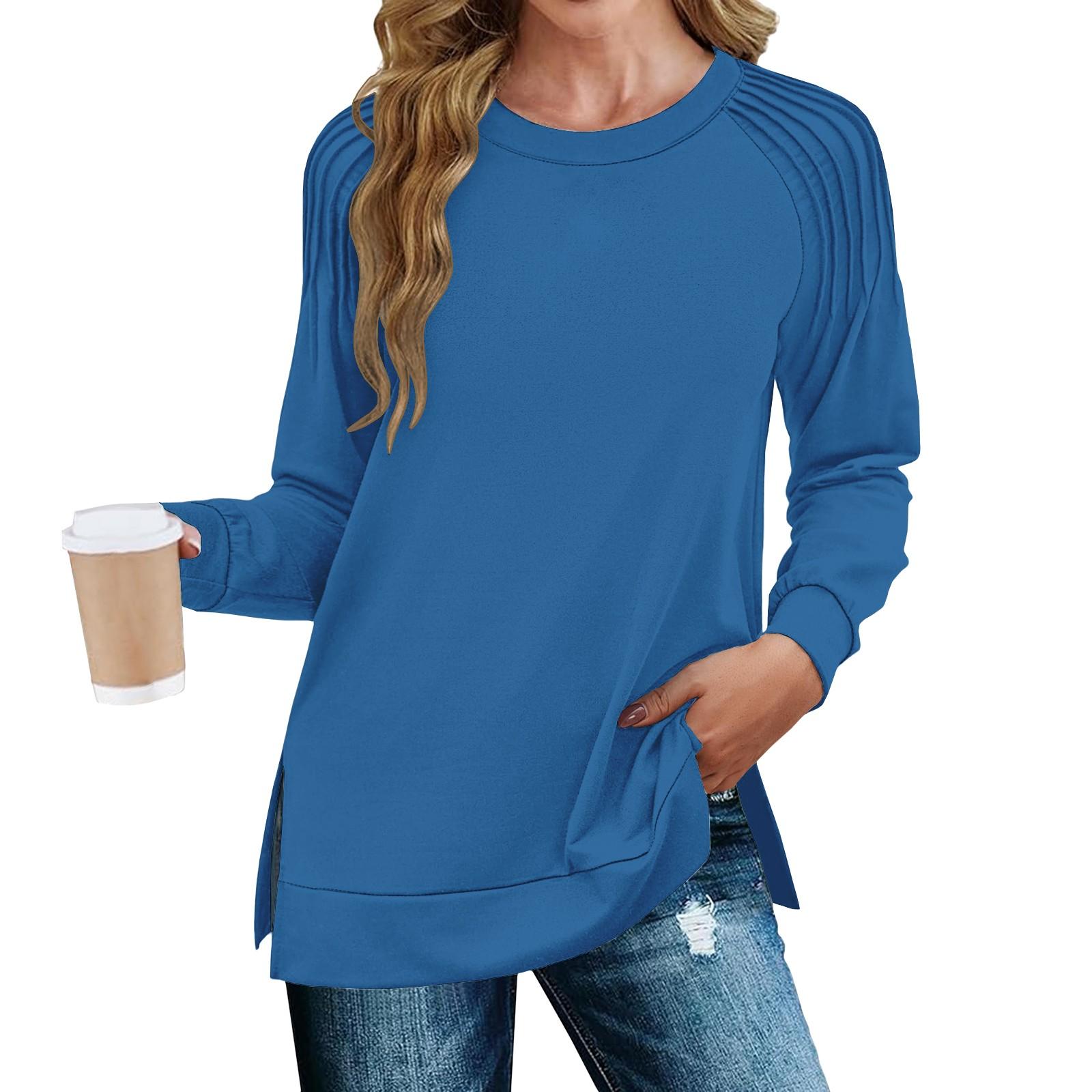 Женская мода повседневная однотонная плиссированная кромка с разрезом свободного кроя осенняя толстовка с длинным рукавом L синий 1698₽