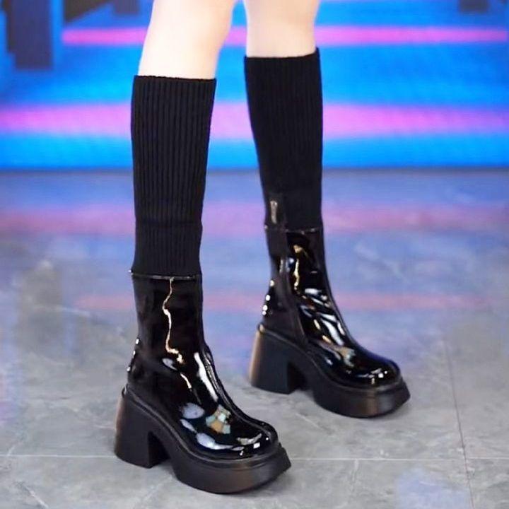 Waterproof Platform Thick-soled Knee Boots for Women Wear 2025 Fashion Autumn and Winter New High-heeled Thick-heeled Elastic Socks Boots