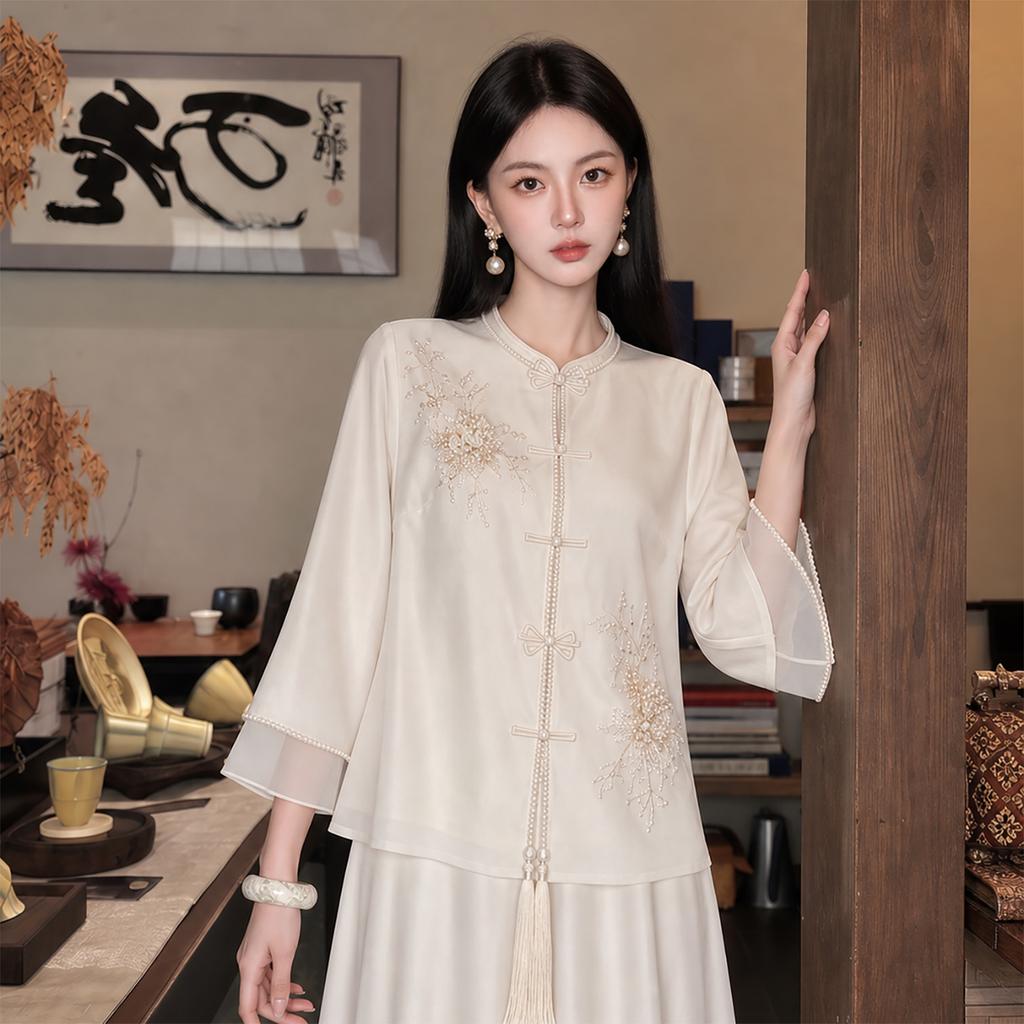 New Chinese Pearl Hemming Stand-up Collar Disc-buckled Embroidered Top Elegant Pendulum Skirt Temperament Two-piece Set P7111
