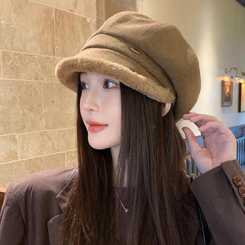 Plush Beret Women's New Autumn and Winter Octagonal Hat Thickened Pile Hat Winter Hat Baseball Cap Bucket Hat