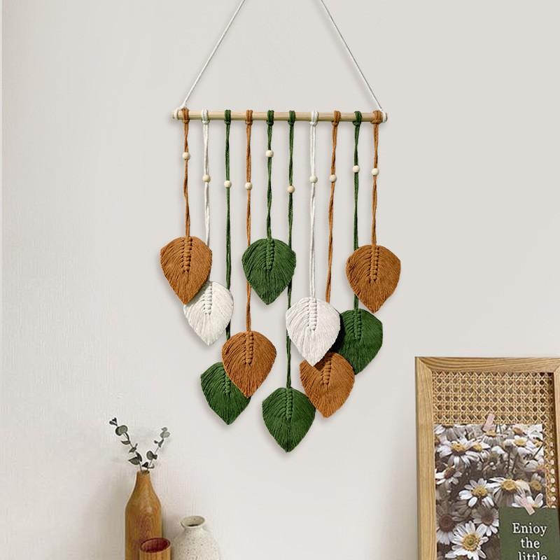Boho Cotton Wall Hanging Tapestry With Wooden Stick Leaf Motif Living Room Bedroom Decor