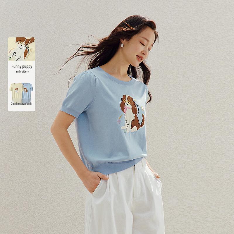 INMAN Playful Puppy Embroidered Short Sleeve Knit Top M