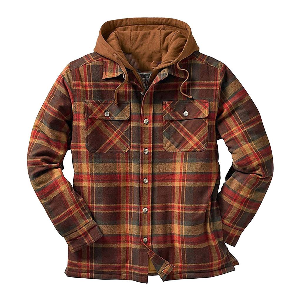 Men's Quilted Lined Button Down Plaid  Shirt Add Velvet To Keep Warm  Jacket With Hood