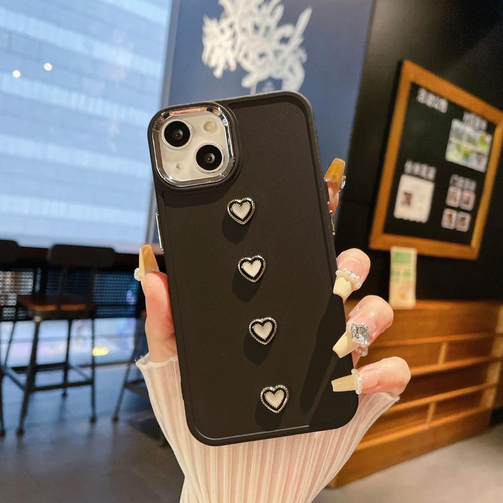 Simple and Suitable for IPhone16PRO Electroplated Small Love Mobile Phone Case Apple 13 8P Metal Photo Frame Protection Case