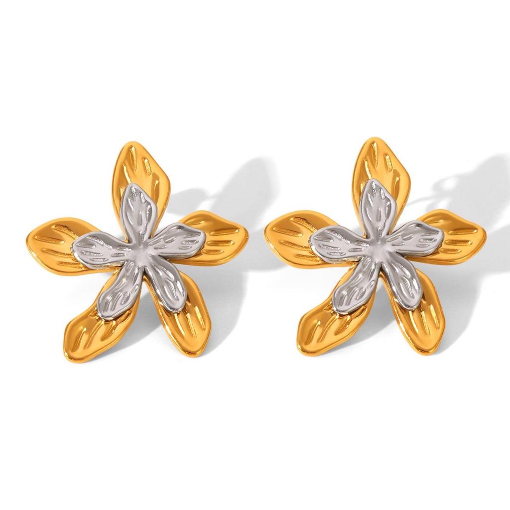 Evropské a americké přeshraniční barevné náušnice z titanové oceli s květinovým vzorem - Luxusní nerezavějící design listu z nerezové oceli pro ženy