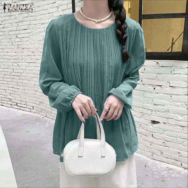 ZANZEA Women Casual Round Neck Solid Color Loose Long Sleeve Blouse