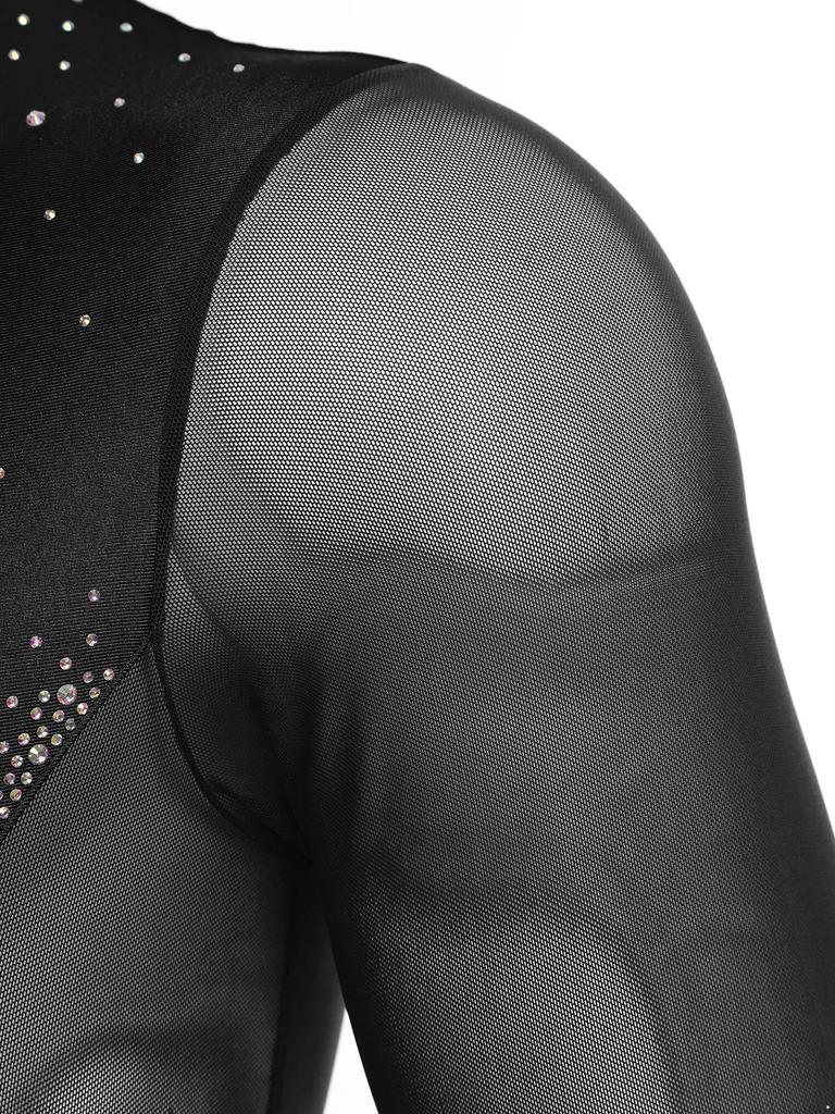 Mens Figure Skating Bodysuit Mock Neck Long Sleeve Sheer Mesh Patchwork Colorful Rhinestones Latin Dance Leotard
