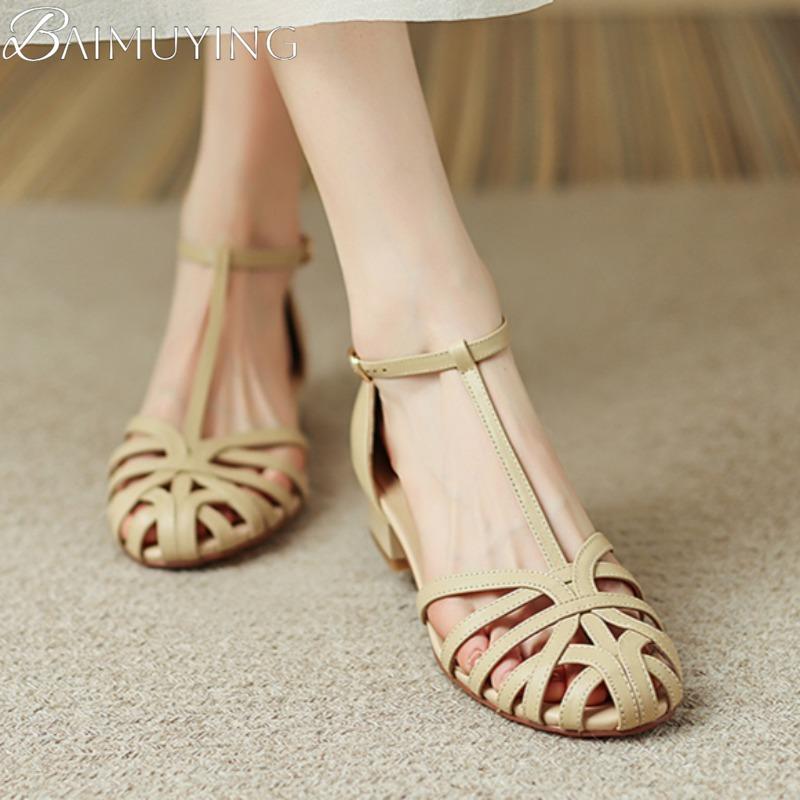 Fashion Women Casual Sandals High Heels Shoes Woman Summer 2025 Trend Elegant Hollow Loafers Dress Soft Leather Shallow Sandalias Mujer