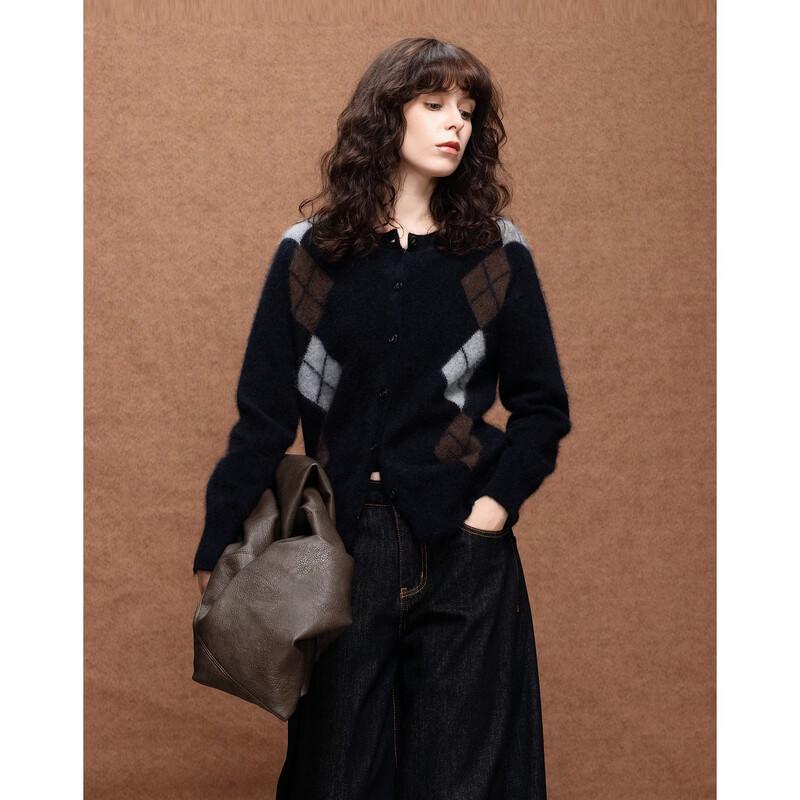 Demana Women s Retro Lambswool Diamond Knit Cardigan M