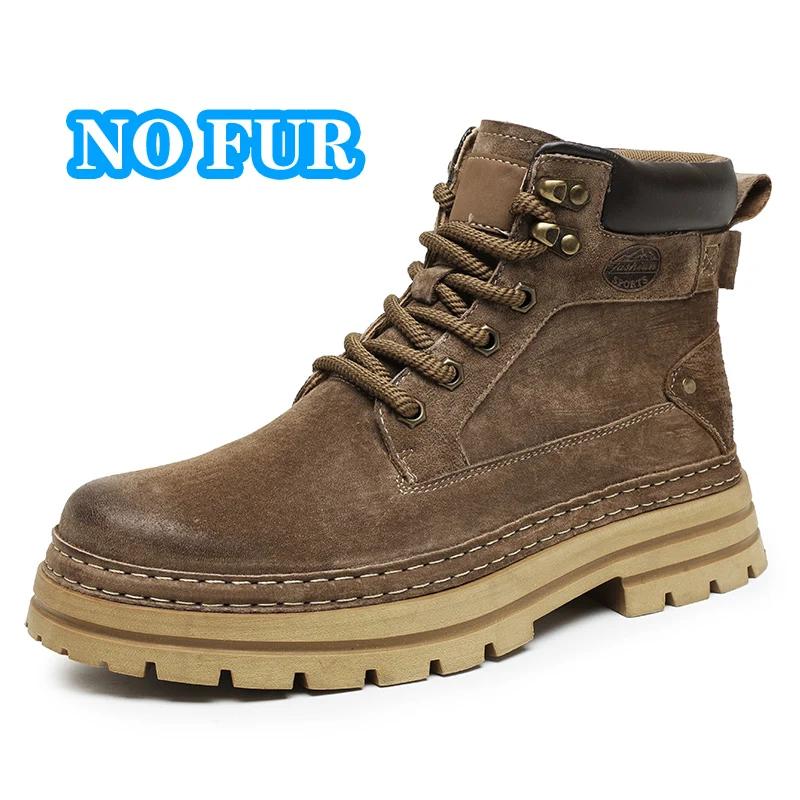 Men's Boots Warm Plush Fur Winter Shoes Man Suede Leather High Top Outdoor Fashion Sneakers Male Motorcycle Boots New Snow Shoes