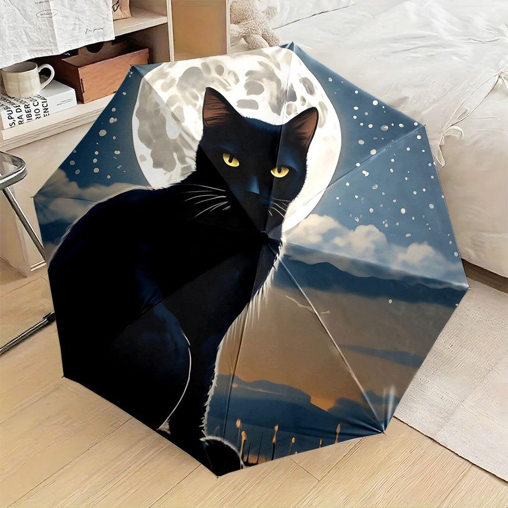 

Folding Umbrella The umbrella features a black cat against a full moon backdrop, surrounded by starry night sky and silhouette (as the picture,Iron&8K)