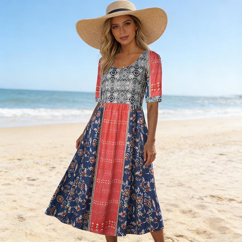 

Women Bohemian Floral Half Sleeve Midi Dress Breathable Lightweight For Beach Vacation XXL ализарин красный