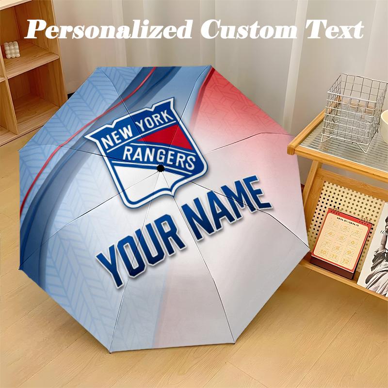 New York Rangers Automatic 8‑ribs Umbrella, Custom Name Text Personalized Folding Umbrella Rain Sun Gift