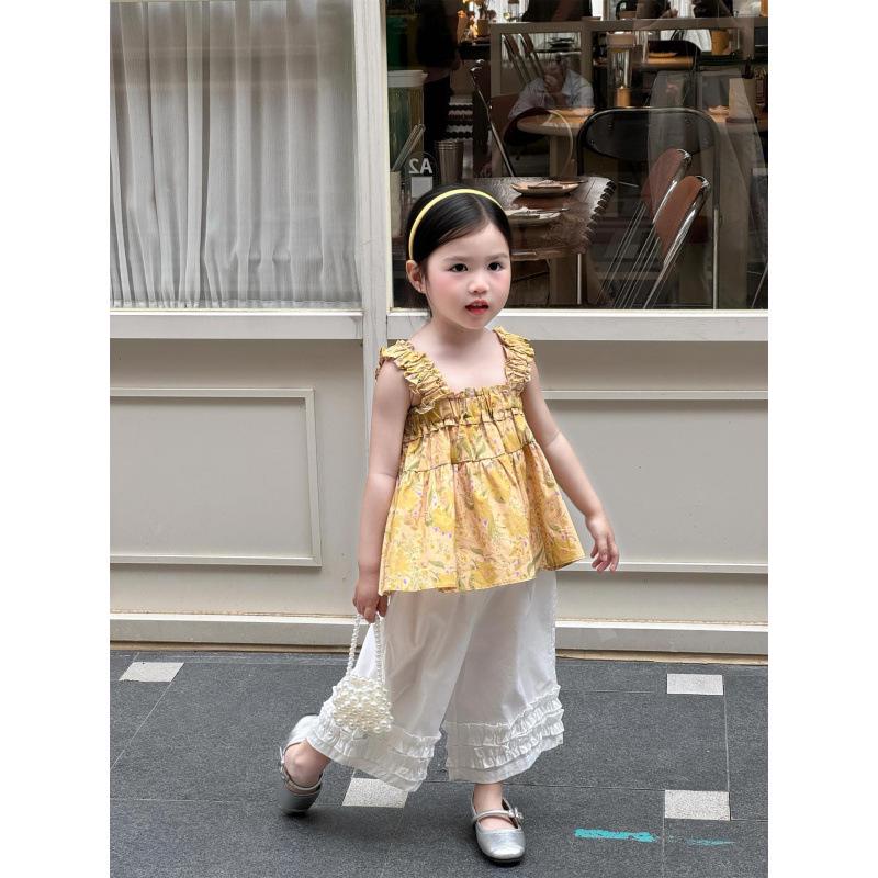 Summer 2026 Girls Yellow Floral Camisole & White Cropped Wide-Leg Pants (Sold Separately) 120cm