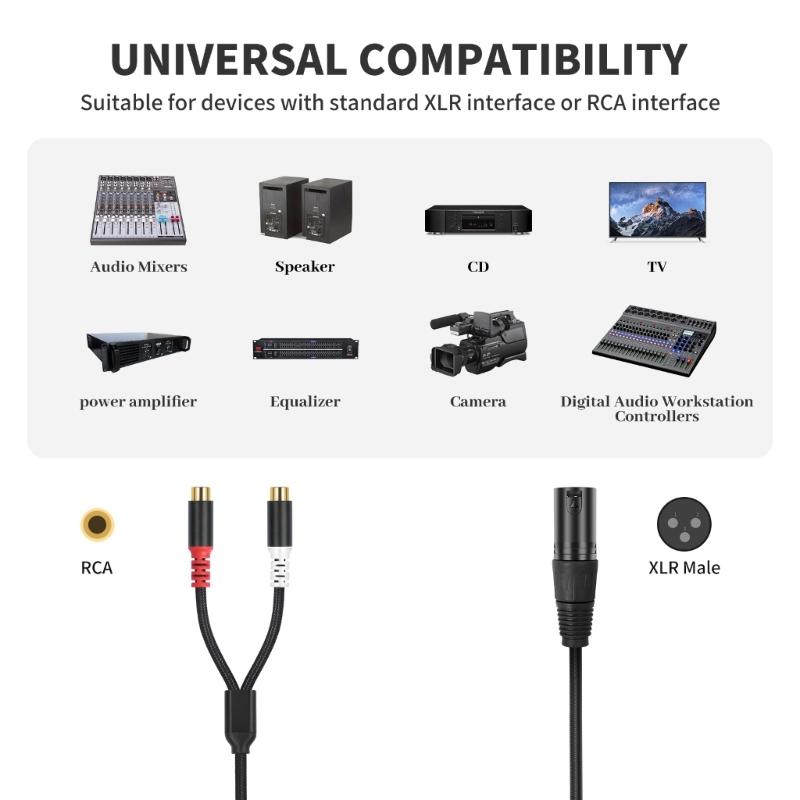 2RCA Female to XLR Male Converter Cable Professional Sound Connector 30cm Length Nylon Texture for Speaker