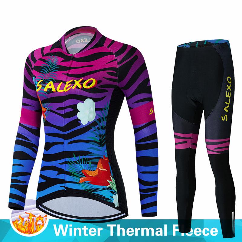 Warm 2023 Salexo Winter Thermal Fleece Cycling Clothes Women Jersey Suit Outdoor Bike MTB Clothing Bib Pants Set Ropa Ciclismo