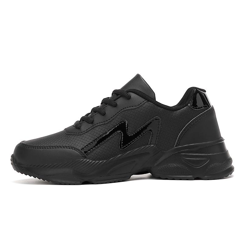 Women's Large Size All-Black Embossed Leather Lace-Up Casual Sports Shoes with Flat Soles