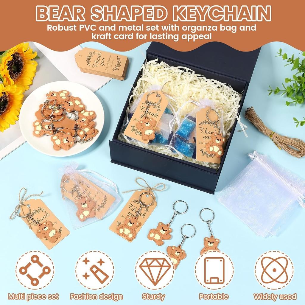 120 Pcs Bear Baby Shower Favor Bear Party Favor Cute Keychain with Organza Bag, Thank You Paper Tag and Rope for Guest Girl Boy Birthday Party Supply
