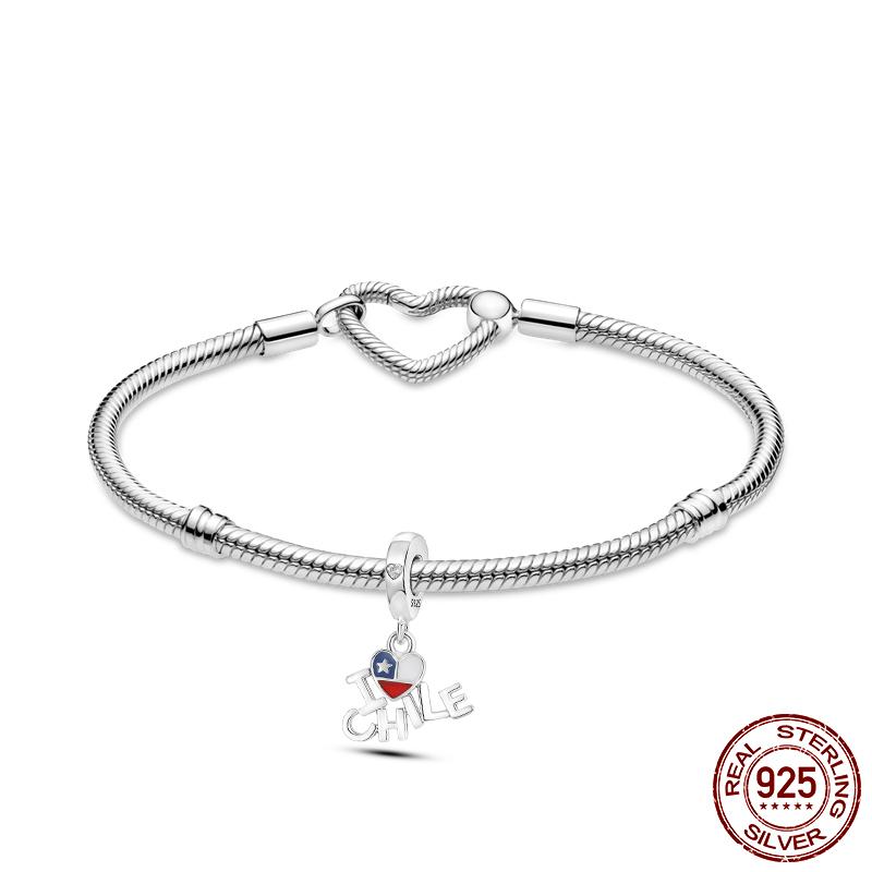 I Love Chile 925 Silver Dangle Charms Fit Original Charm Bracelet DIY For Jewelry Making Heart National Flag Letter Charm