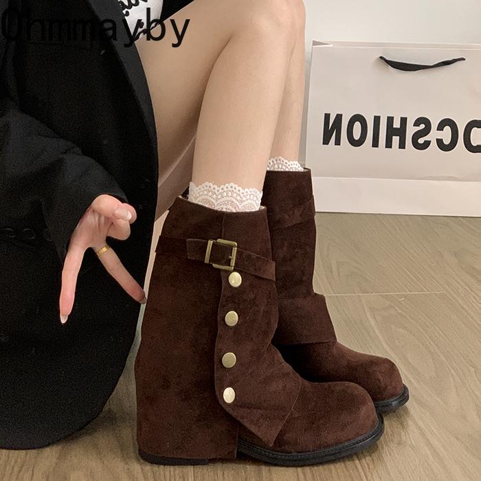 Winter Design Thick Heel Women Mordern Pipe Boots Fashion Belt Buckle Slip On Shoes Ladies Banquet Party Mid Calf Booties