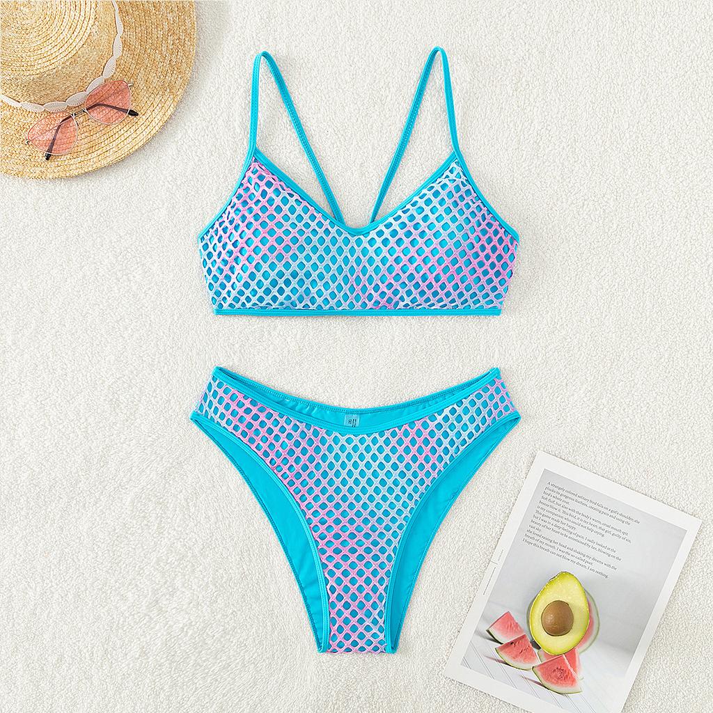 Damen Modischer Badeanzug mit hoher Taille und Netzstoff, femininer geteilter Bikini, Badeanzug mit Neckholder, Farbverlauf, Strandbikini