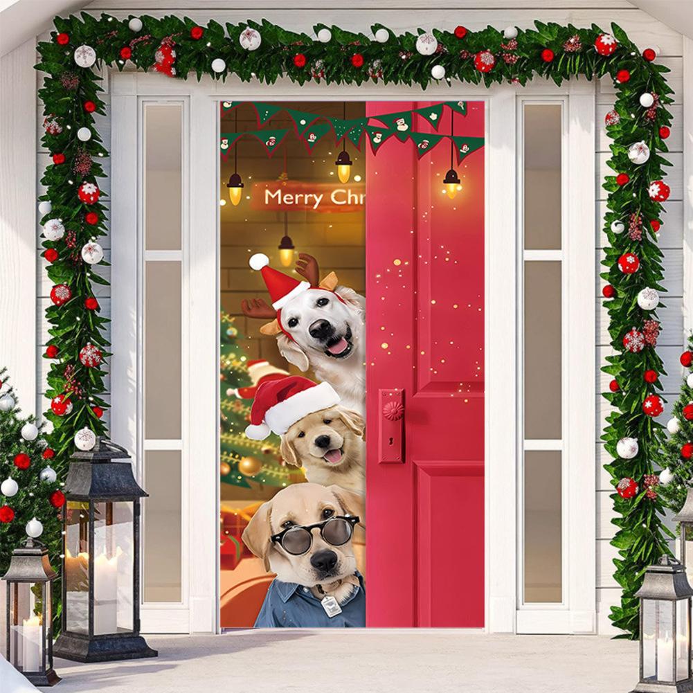 Colorful Christmas Door Casing Stretchy Fabric Curtain 200x90cm Festive Hanging Cloth Sticker For Holiday Season Home Decoration