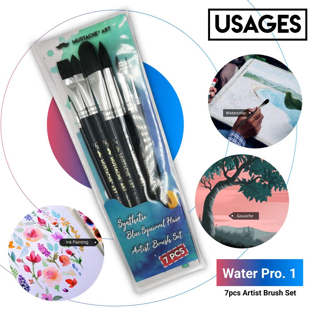 7-Piece Watercolor Artist Brush Set - Synthetic Squirrel Hair Art Paint Brushes for Watercolor, Acrylic, and Gouache Painting