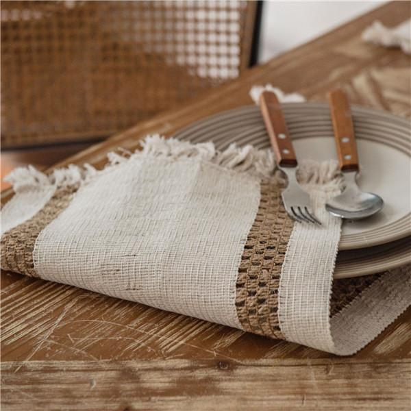 Table Flag Green Solid Woven Natural Material American Holiday Hemp Rope Dinner Mat Tableware Mat Tassel Bowl Mat