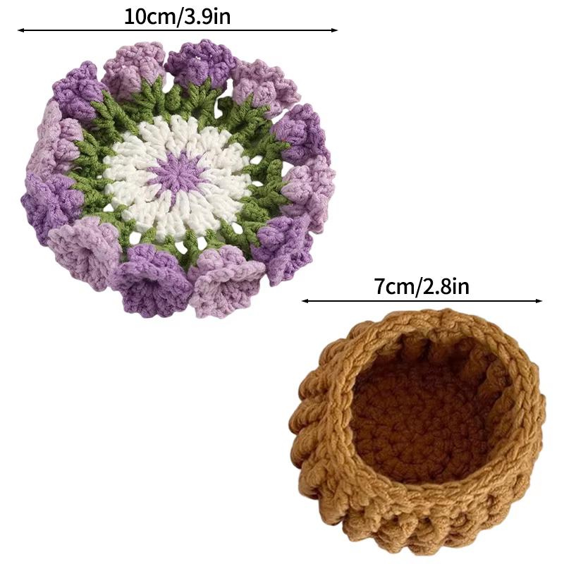 Creative Knitted Coasters Mini Rose Hand-Held Bouquets Placemat Crocheted Rose Coasters Small Flower Potted Desktop Decorations
