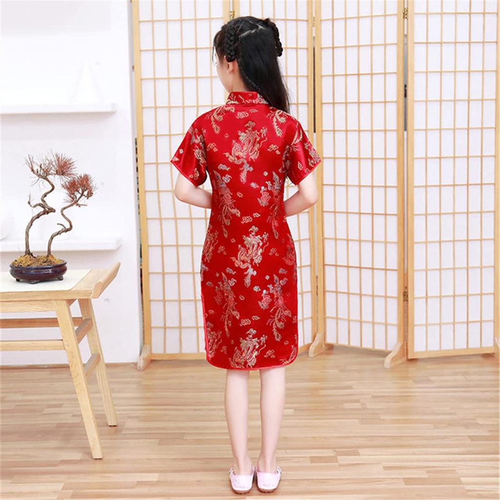 KOUKIDI Children's Long Cheongsam Dress with Embroidered Pattern, Perfect for Costumes, Qipao, Ethnic Dress, Club Dress, Red, 120CM