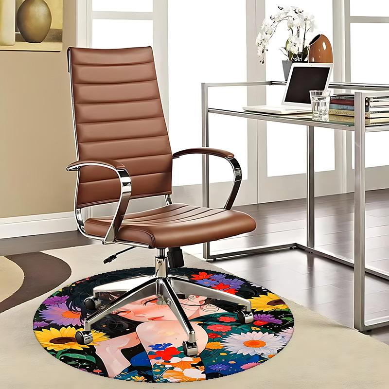 1pc Anime Design Round Carpet Floral Print Chair Mat for Office, Home Decor, Living Room, Bedroom