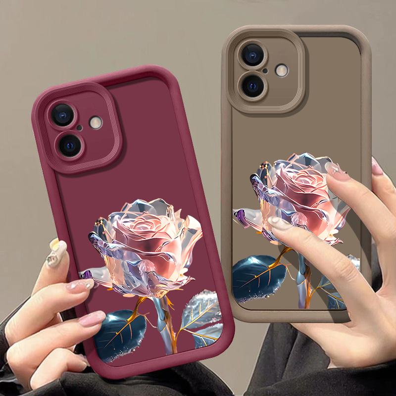 Pink Crystal Rose Pattern Shockproof Phone Case for iPhone 16 15 14 Plus 13 12 11 Pro Max Xs Xr 8 7 Matte Tpu Soft Lens Protection Anti-Fall Cover