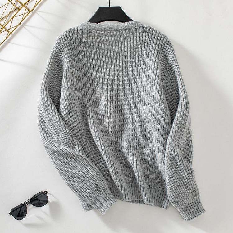 Høst Vinter Vintage Løs Langermet V-hals Genser Ensfarget Cardigan Strikkeplagg