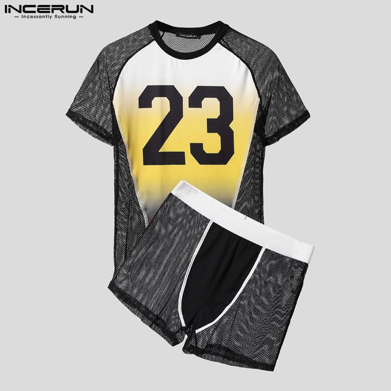 INCERUN Men Underwear Sets Mesh Sheer Print Patchwork Tops Shorts Outfit Home Wear