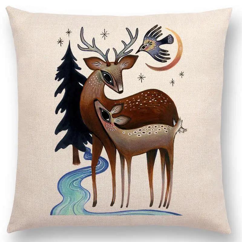 Retro Mystery Watercolor Art Totem Sofa Pillow Case Animals Deer Bear Bird Fish Fox Owl Snake Rabbit Heron Bee Cushion Cover