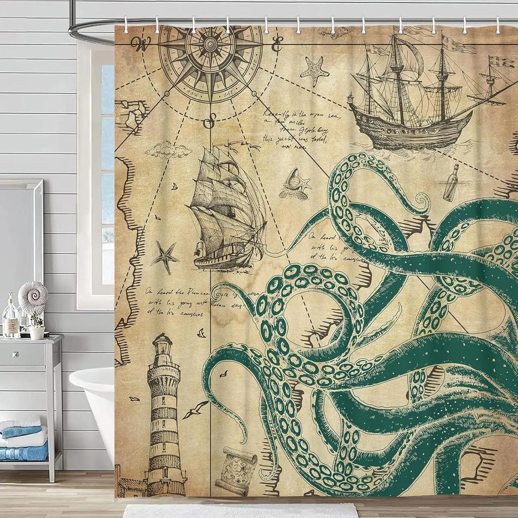 Octopus Decoration Bathroom Shower Curtain, Funny White Sea Monster Fabric Shower Curtain, Bathroom Decoration Accessories