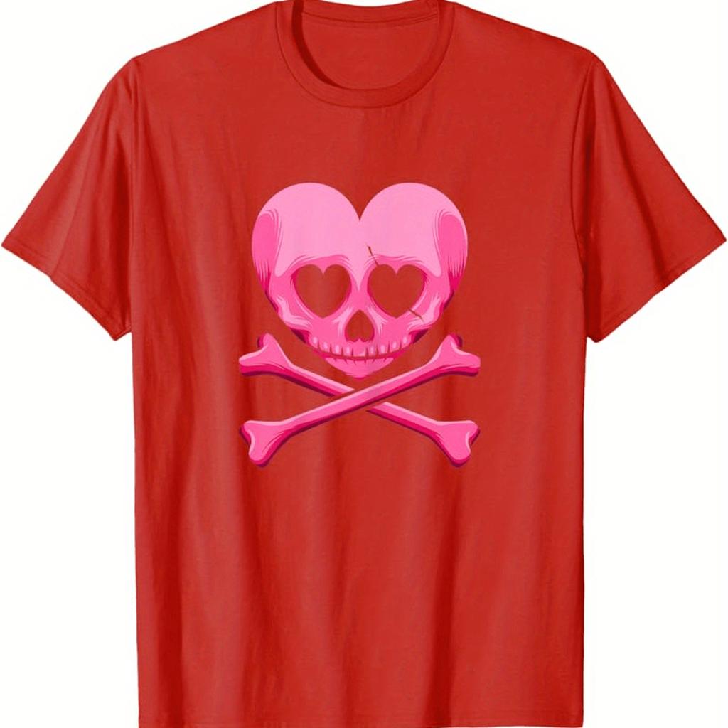 Pink Heart Skull Crossbones Graphic Tee Gothic Couples Matching Unisex Cotton T-Shirt Casual Daily