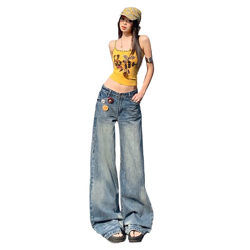 Women's Retro Washed Wide-Leg High-Waisted Slimming Floor-Length Spring Jeans