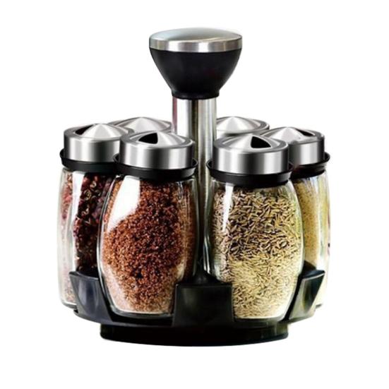 7-Piece Spice Jar Set Rotating Glass Seasoning Bottles with Lids Storage Rack for Salt Sugar Pepper Kitchen Counter Organizer