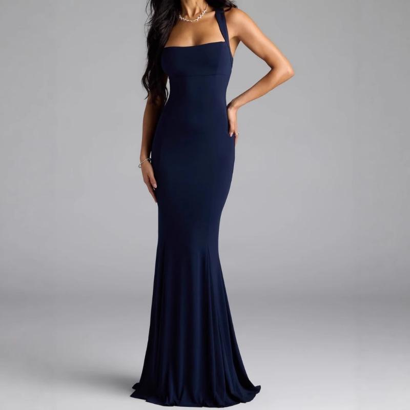 

Womens Navy Blue Halter Neck Mermaid Maxi Dress Sleeveless Bodycon Evening Party Gown S темно-синий
