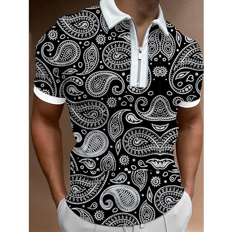Trendy Short-sleeve Polo Shirt with Checkered Graphic, Zipper Collar, Stylish 2 Tone Design.