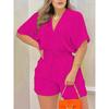 Solid V Neck Romper, Elegant Short Sleeve Shirred Waist Jumpsuit For Spring & Summer, Women's Clothing