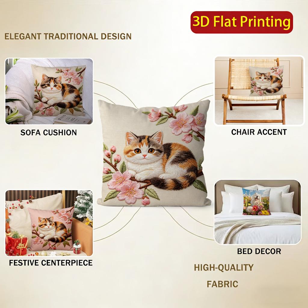 Spring Calico Cat Floral Throw Pillow Covers Pattern Cushion Cover Suitable For Sofa Bedroom Car Pillow Cover