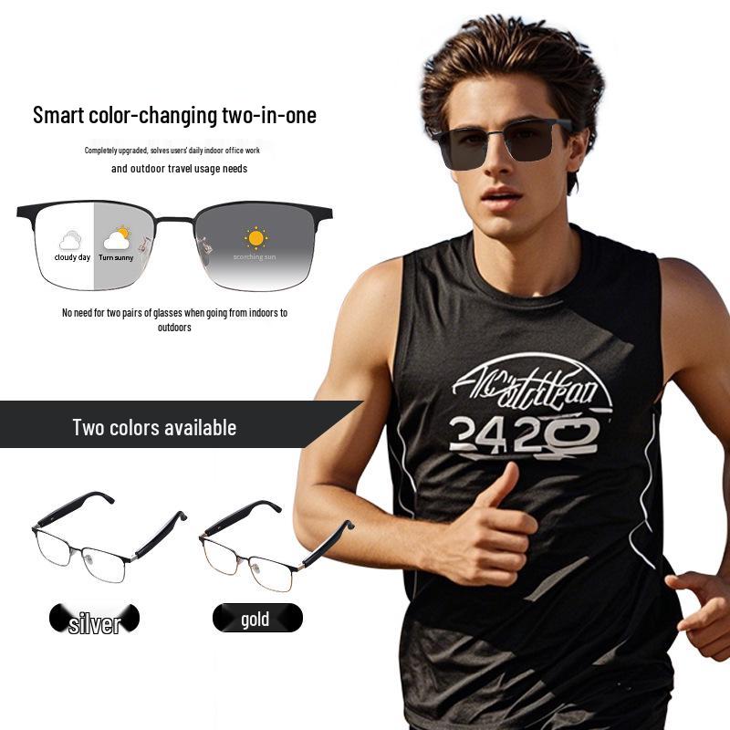 AI Translation Smart Bluetooth Glasses - GS06 Metal Frame with Magnetic Charging, Photochromic Lenses & Stereo Sound